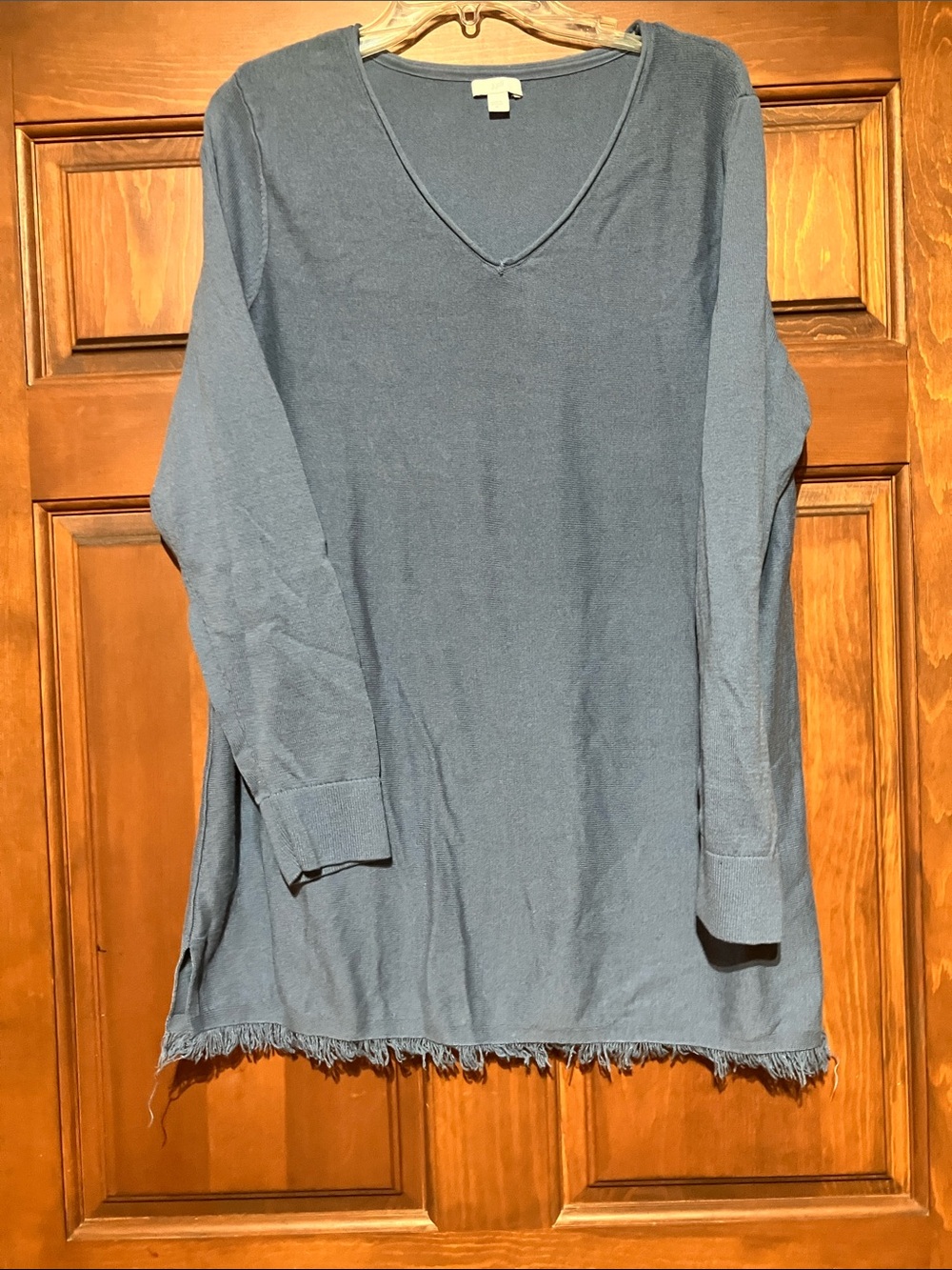 J. Jill Slate Blue V-Neck Long Sleeve Tunic with Fringed Hem